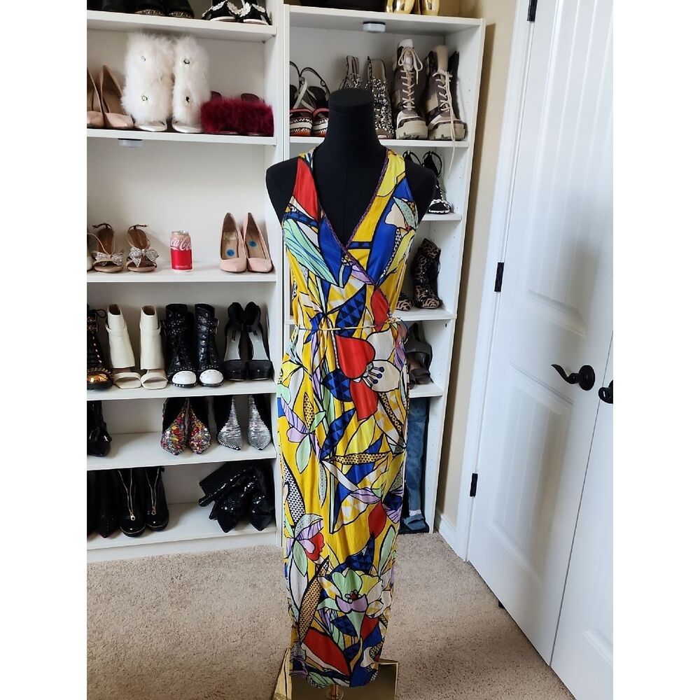 Robert Graham Yellow Multicolor Abstract Floral Maxi Dress